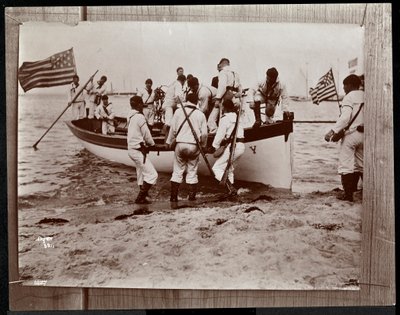 Copyphotograph of an Earlier Photo of the Naval Reserves with Group of Sailors in a Rowing Boat, Fishers Island, New York, 1891 by Byron Company